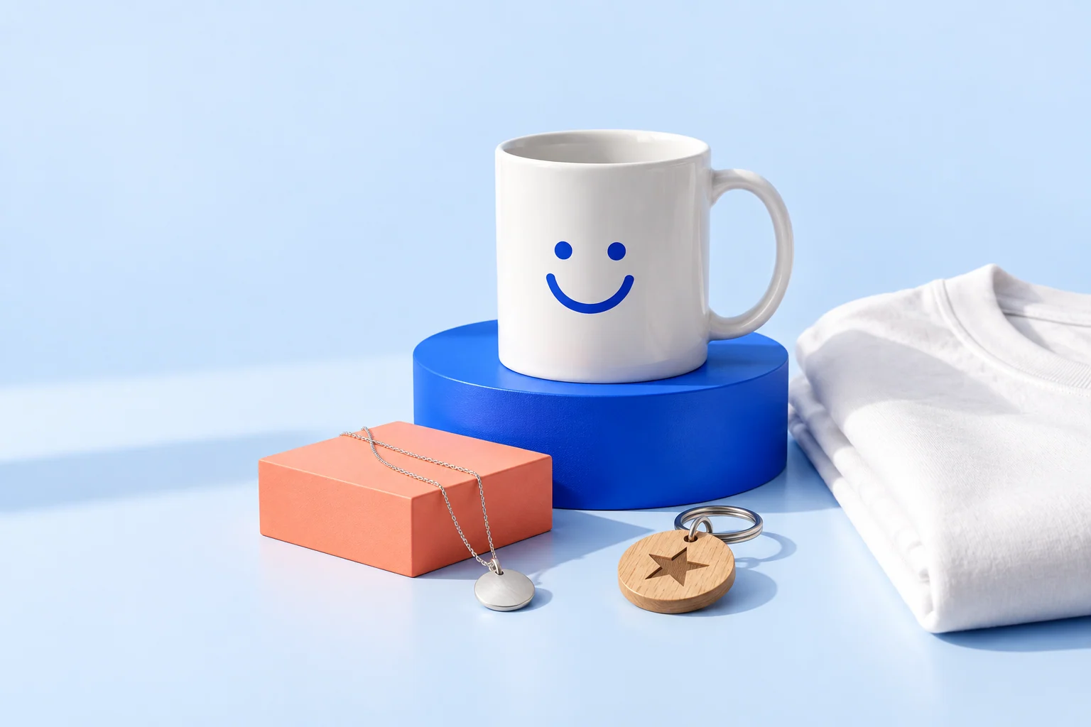 Mug, pendentif, porte-clés et textile — composition illustrative Gravélite